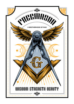 Freemasonry conspiracy logo poster design. Vector illustration in engraving technique of illuminati symbol with ruler, wings, sacred geometry and typography.