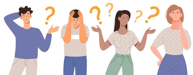Thinking young men and women.Puzzled and confused people with a question mark.