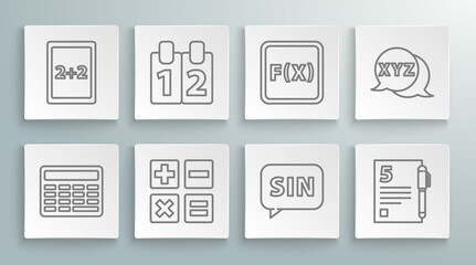 Set line Chalkboard, Mathematics function cosine, Feather and inkwell, Human brain, Open book, Equation solution, Calculator and Calculation icon. Vector