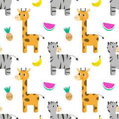 Pastel cute jungle animals with fruits seamless pattern background EPS