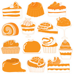 Hand drawn orange dessert collection in doodle style