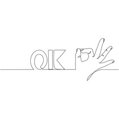 Continuous one line drawing of OK message and hand palm fingers gesture. Hand showing OK gesture concept.
