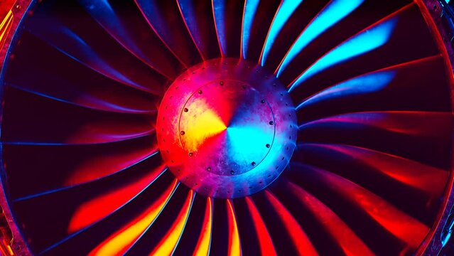 Seamless animation of CFM56 turbofan aircraft engine slowly spinning in a loop.