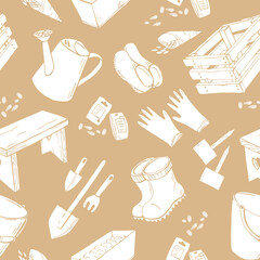 Nice light seamless pattern with silhouette garden tools, watering can, boots, shovels, seeds. Endless texture with monochrome white elements on beige background. Vector illustration.