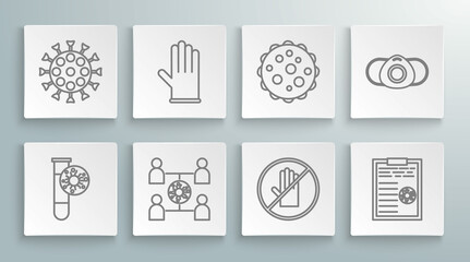 Set line Test tube with virus, Medical rubber gloves, Virus spread, No handshake, Clipboard blood test results, protective mask and icon. Vector