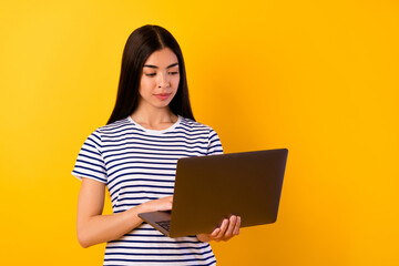 Naklejka premium Portrait of nice pretty vietnamese lady use wireless netbook coworking isolated on yellow color background