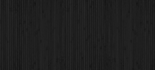 Black wood plank widescreen texture. Bamboo slat dark large wallpaper. Abstract wooden panoramic background - obrazy, fototapety, plakaty