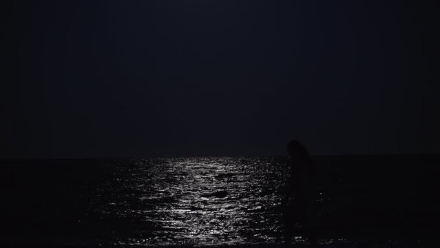Night and moonlight on the sea, waves. Silhouette of a girl walking along the shore. Against the background of the full moon