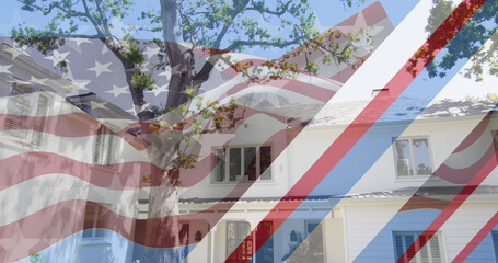 Image of stars and stripes with american flag over house