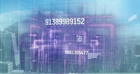 Image of numbers changing and data processing over cityscape