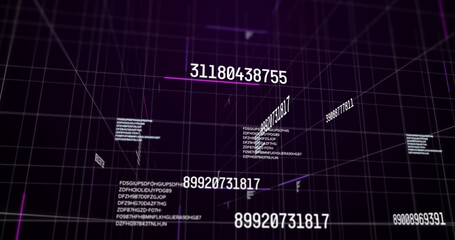Image of numbers changing and data processing on black background
