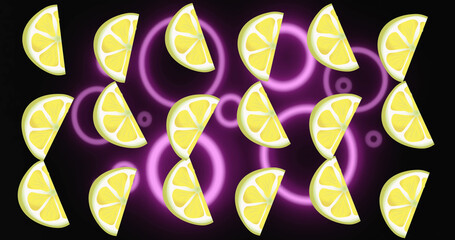 Image of lemon repeated over purple circles on black background