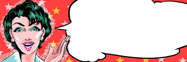 指をさし何かを宣伝する青いパーマヘアスタイルの美熟女の60年代アメコミヴィンテージ風カラーイラスト