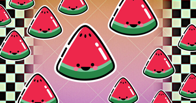 Image of watermelon over shapes on pink background