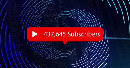 Image of subscribers text over spinning blue lines on black background