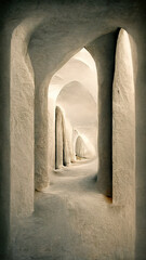Corridor with columns. Abstract 3D-illustration illusion of natural stone, grass. Art gallery.  Background of gray tones