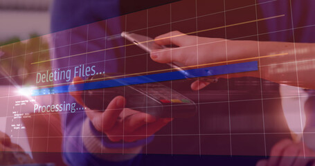 Image of data processing over woman making smartphone payment and grid