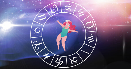 Image of star sign with horoscope wheel spinning over stars on blue to purple background