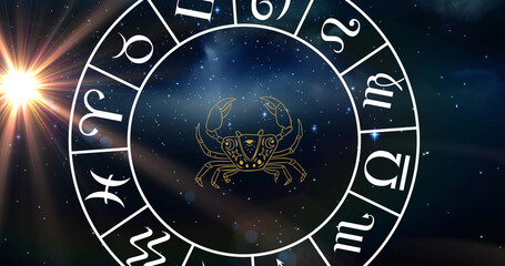 Image of cancer star sign with horoscope wheel spinning over stars on blue background