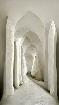 Corridor with columns. Abstract 3D-illustration illusion of natural stone, grass. Art gallery.  Background of gray tones