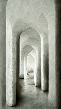 Corridor With Columns. Abstract 3D-illustration Illusion Of Natural Stone, Grass. Art Gallery.  Background Of Gray Tones