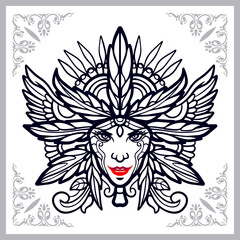 Cannabis leaf girl head zentangle arts isolated on white background.