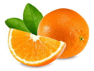 orange fruit with cut of orange and green leaves isolated on white background. clipping path