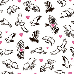Pigeon peace vector illustrations set, seamless pattern
