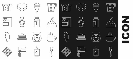 Set line Spatula, Coffee cup, Cake, Ice cream in waffle cone, Candy, Electric mixer, Bread toast and Paper package for milk icon. Vector