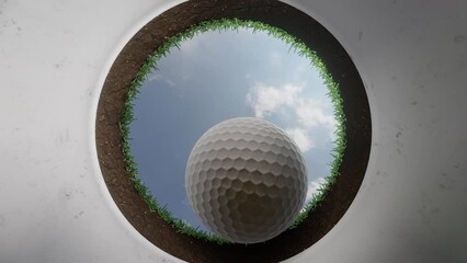 Golf ball rolling into hole, closeup view inside hole looking up, 3D animation in UHD 4K