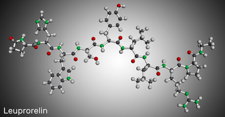 Leuprorelin, leuprolide molecule. It is drug for treatment of prostate cancer, uterine leiomyomata. Structural chemical formula, molecule model. Sheet of paper in a cage.