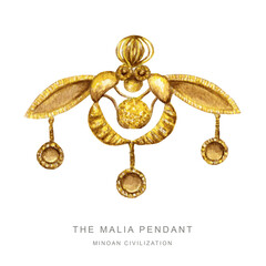 Watercolor Malia Bee Pendant Minoan civilization symbol in Crete, ancient Greece. Bees of Malia greek jewelry historical sign isolated illustration on white background