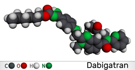 Dabigatran molecule. It is anticoagulant medication. Molecular model. 3D rendering