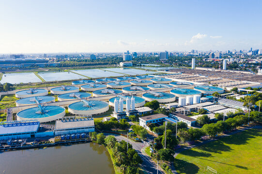Aerial View of Drinking-Water Treatment. Microbiology of drinking water production and distribution, water treatment plant. Recirculation solid contact clarifier sedimentation tank