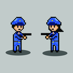 pixel art style, old videogames style, retro style 18 police and policewoman with pistol vector