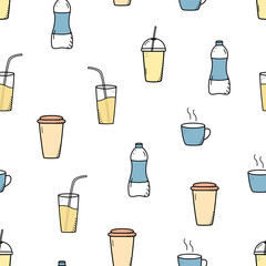 Seamless pattern of hot and cold drinks. Vector illustration background of water, coffee, juice, smoothies.