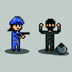 pixel art style, old videogames style, retro style 18 policewoman chasing robber
