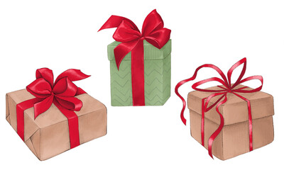 Christmas gift boxes hand-drawn illustrations, isolated elements on a white background