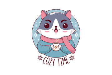 Winter Cat Cozy Time Logo Design