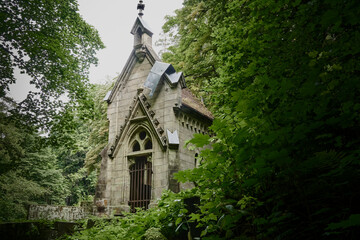 Abandoned cemetery chapel in a dense green forest