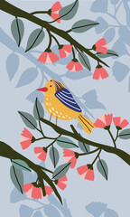 vector illustration with birds, trees and flowers on light blue background.