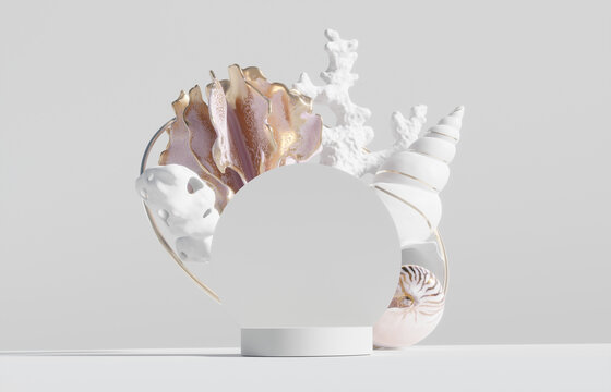 3D Display Podium, White Background. Pedestal And Natural Pink Sea Shell. Nature Summer Concept. Beauty Cosmetic, Product Presentation Stand, Round Frame. Luxury Bright Mockup. 3d Render Advertisement