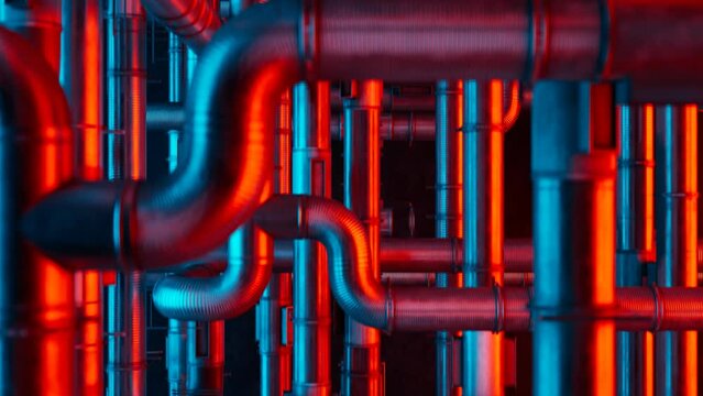 Industrial Pipe Network with Red and Blue Neon Lighting