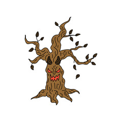 Hand drawn line art evil tree Halloween illustration.