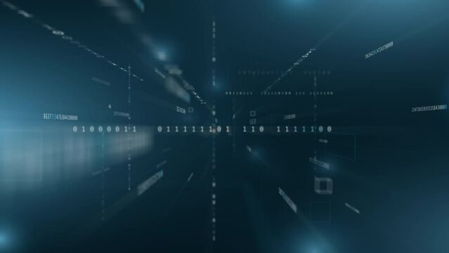Flying into big data digital tunnel with binary code matrix. Data connection analysis technology background. 4K motion graphic animation 