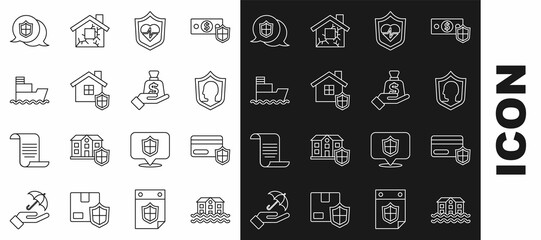 Set line House flood, Credit card with shield, Life insurance, Ship, Location and Money hand icon. Vector