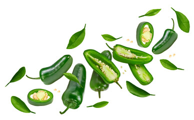 flying sliced jalapeno peppers isolated on white background. Green chili pepper. Capsicum annuum....