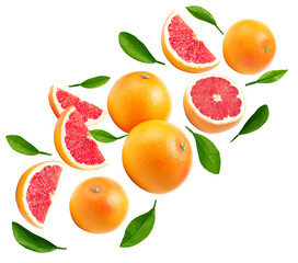 flying sliced grapefruit with green leaves isolated on white background. clipping path