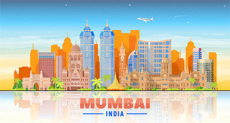 Mumbai skyline on a sky background. Flat vector illustration. Business travel and tourism concept with modern buildings. Image for banner or web site.