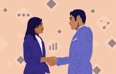 Business partners in office suit shaking hands. Making agreement. Deal, partnership, equality concept. Flat Vector Illustration
